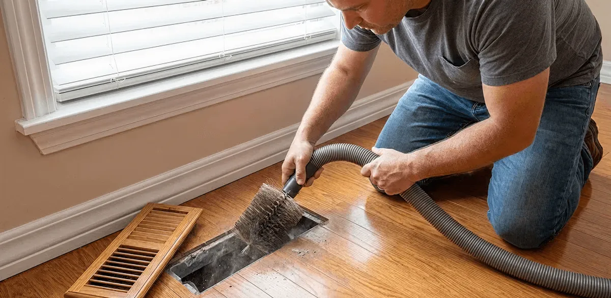 Air duct cleaning technician vacuuming a floor vent and duct opening in Anchorage, AK