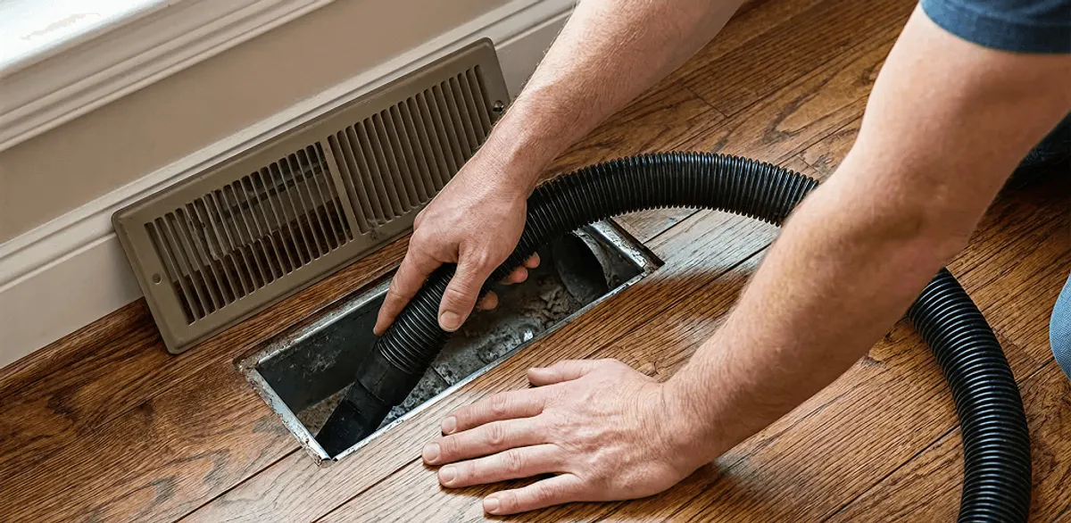 Air duct cleaning technician vacuuming a floor register and duct opening in Anchorage, AK