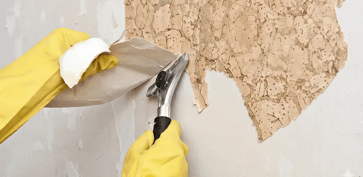 Wallpaper removal service stripping old wallpaper from a wall in Anchorage, AK